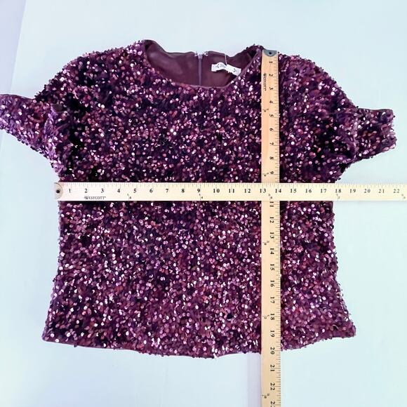 Nanette Lepore NEW Plum Sequin Crop Top Womens Sz L Purple Short Sleeve Lined - Picture 7 of 8